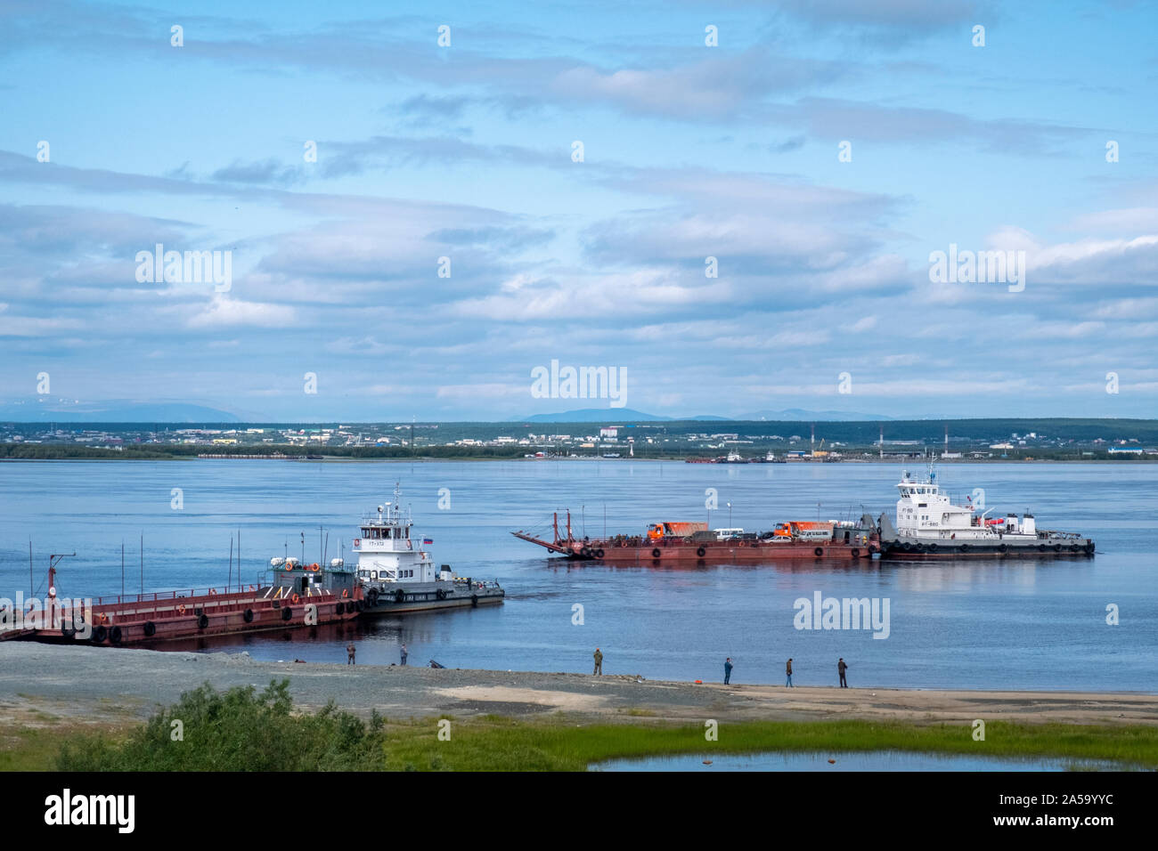 Ferries travel on the Ob river in Salekhard, Siberia, Russia Stock Photo