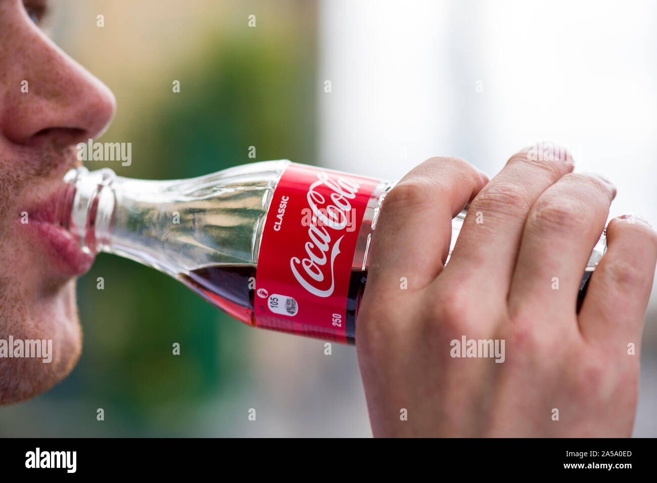 LONDON - JAN 24: Famous beverage Coca Cola in glass bottle in London on June 24. 2019 in UK Stock Photo