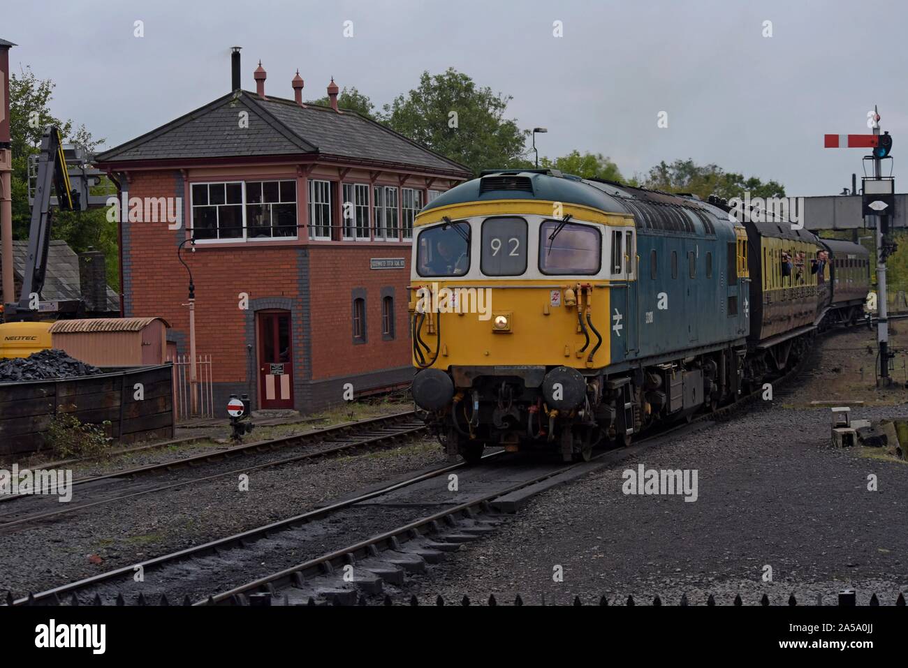 Ex British Rail Crompton Class 33 heritage diesel loco 33108 approaches Kidderminster Station on the Severn Valley Heritage Railway Stock Photo