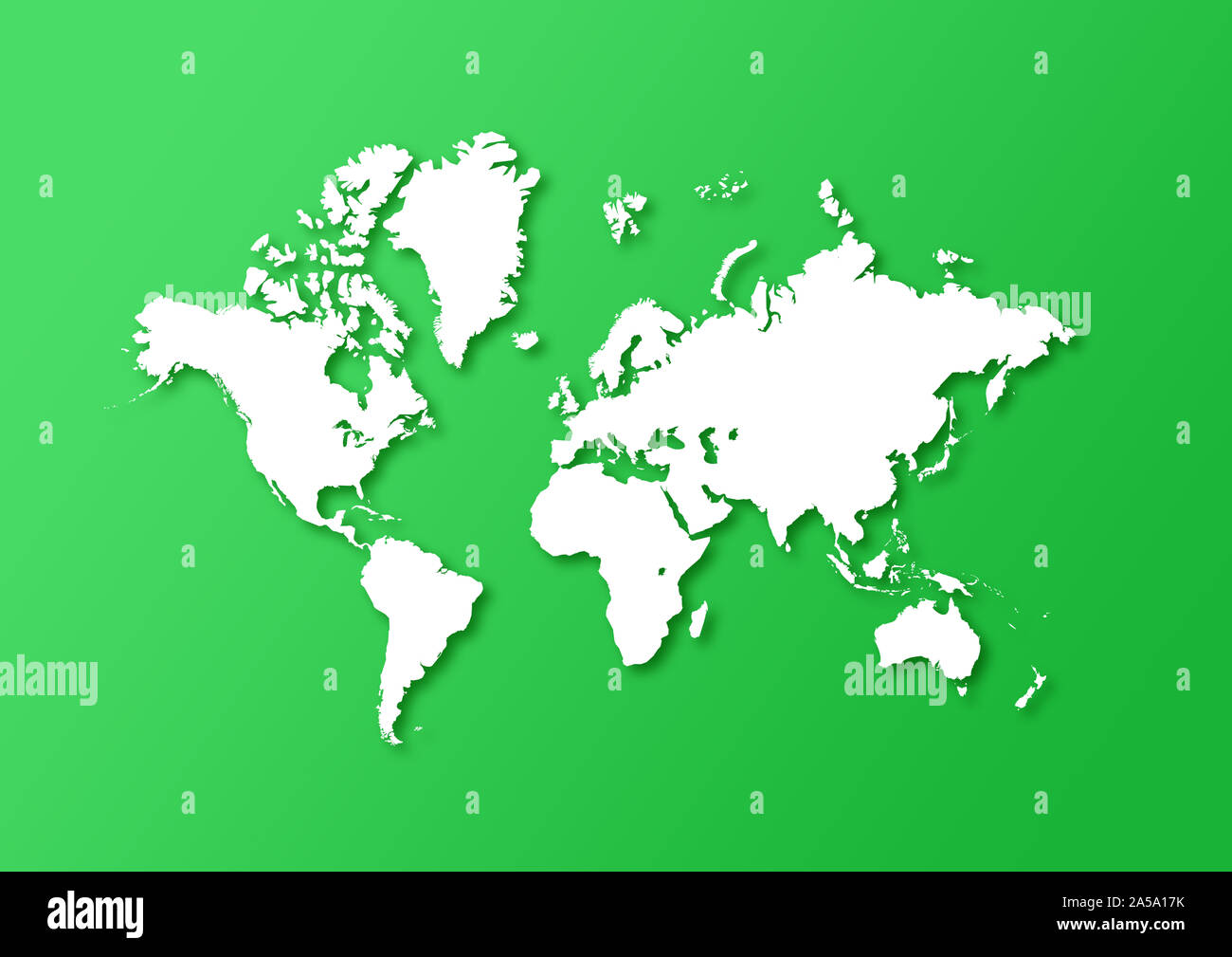 Detailed world map isolated on a green background with shadows Stock Photo