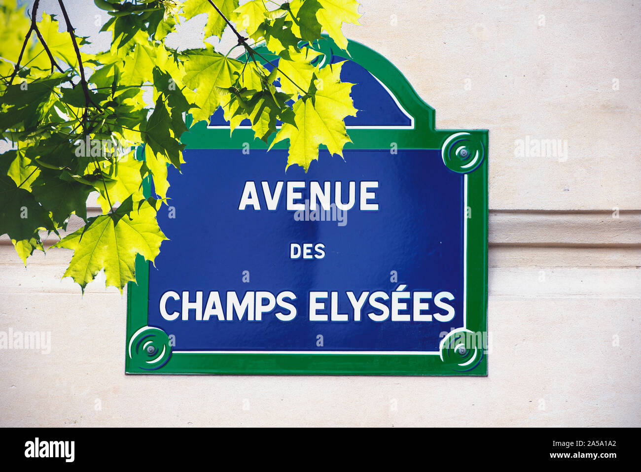 PARIS - MAY 07: Street sign of the rue Champs-Élysées in the 8th arrondissement of Paris on May 07. 2017 in France Stock Photo