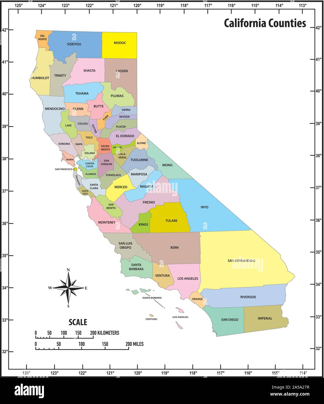 california state outline administrative and political map in color Stock Vector
