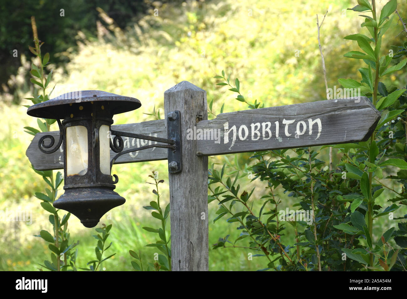 A roadsign in the Shire, pointing the direction to Hobbiton: The original movie-set of 'Lord of the Rings' and the 'Hobbit-trilogies' Stock Photo