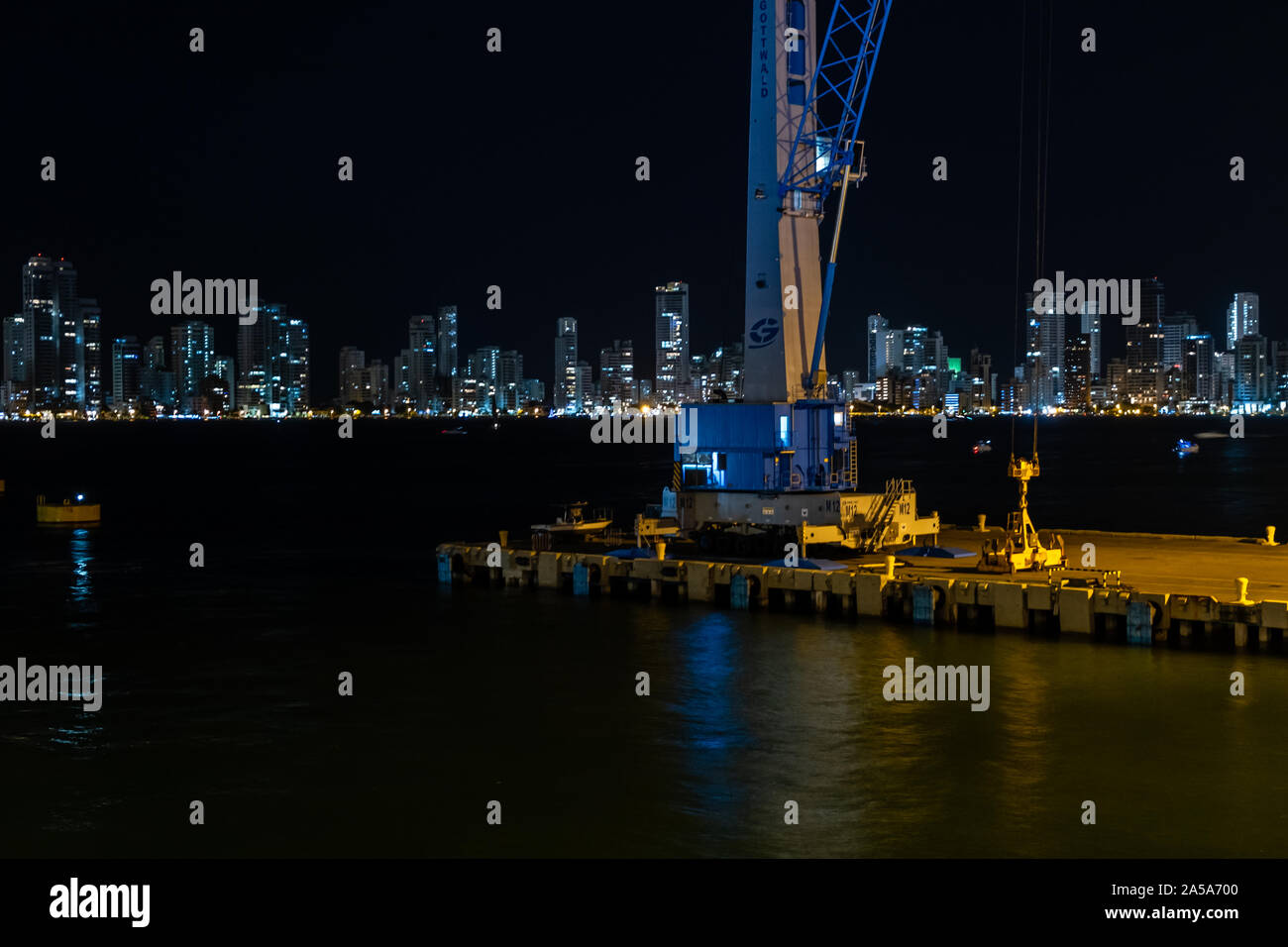 Skyline view from cruise ship leaving in the evening from Cartagena Port, Colombia Stock Photo