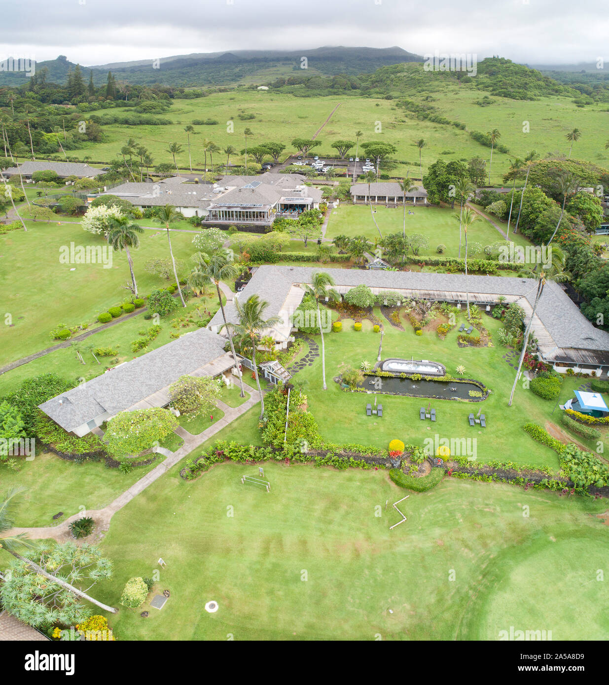 An aerial view of the Travaasa Hotel in the town of Hana, Maui, Hawaii