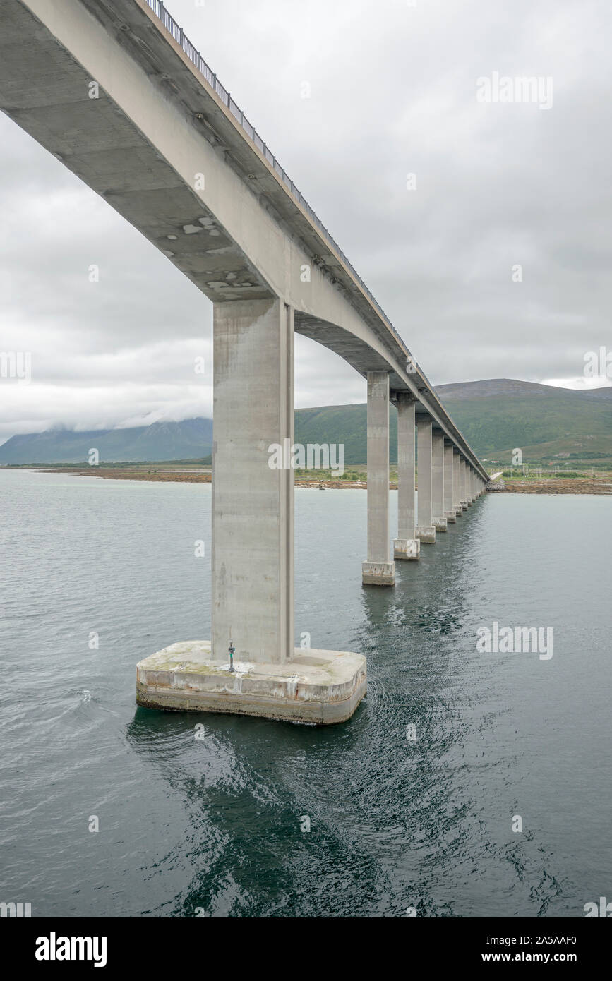 detail of concrete pillars of high bridge on canal, shot in bright ...