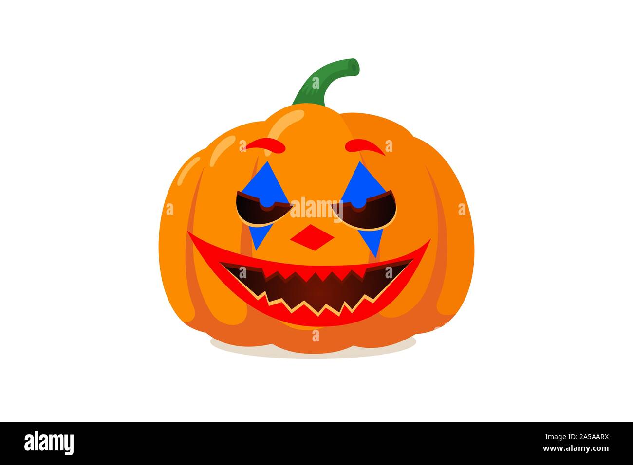 Spooky pumpkin jack o lantern with creepy ghost joker clown smile. Traditional happy halloween holiday celebration horror decoration evil symbol. Flat vector illustration isolated on white background Stock Vector