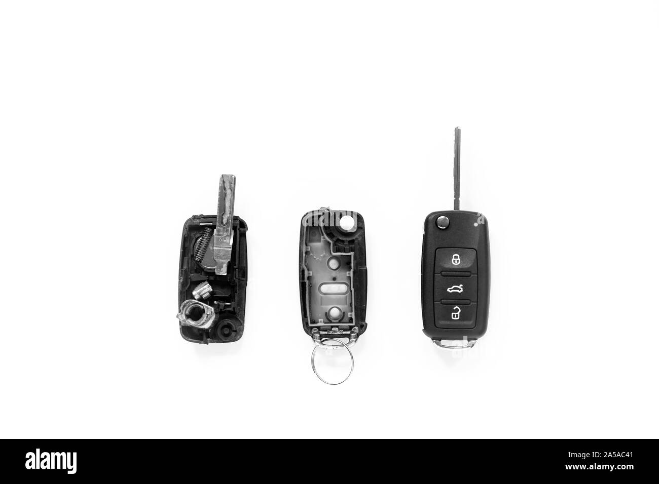 Broken or damaged remote key fob of any vehicle car service center.- Image Stock Photo
