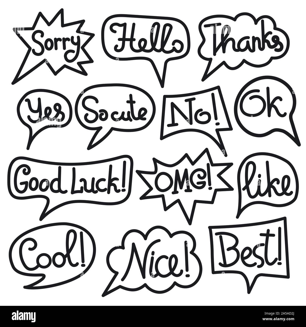 Set Of Bubbles Speech With Short Message Text Black Outlines Chat Stickers Stock Vector Image Art Alamy