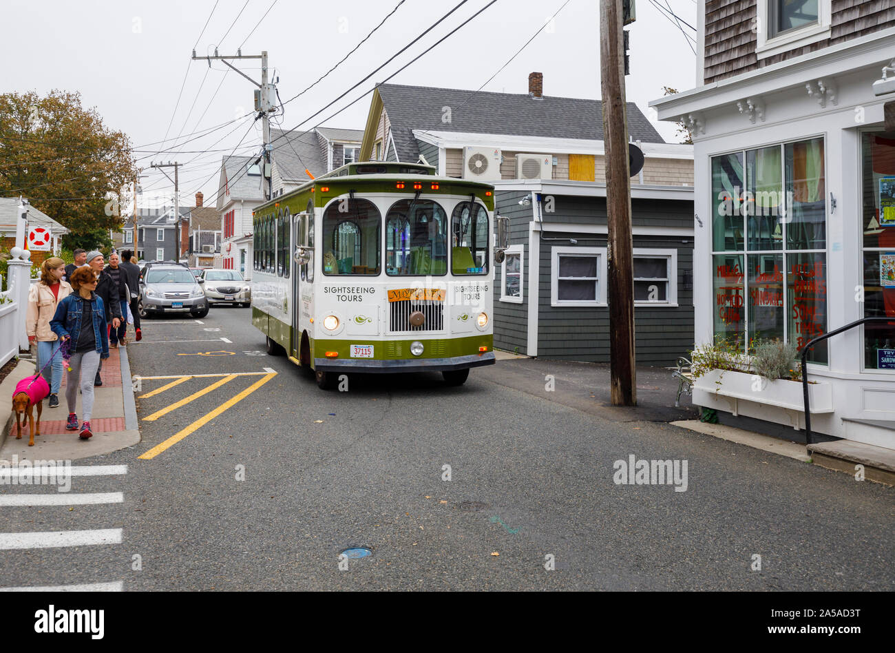Mayflower Trolley sightseeing tours bus in the main street