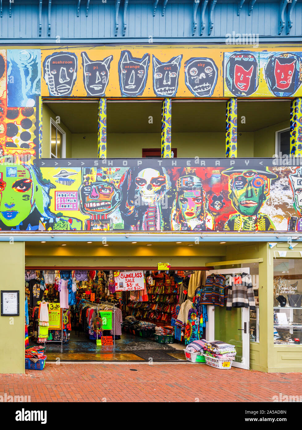 Colourful shopfront with unusual bizarre faces on a shop in Commercial Street in bohemian downtown Provincetown (P-Town), Cape Cod, New England, USA Stock Photo