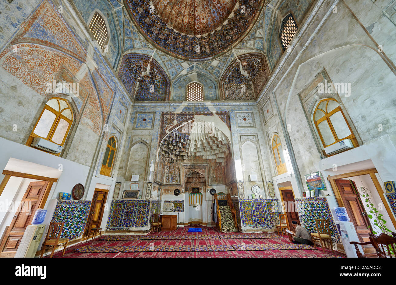 interior shot of beautiful decorated Hoja Zayniddin Mosque, Bukhara, Uzbekistan, Central Asia Stock Photo