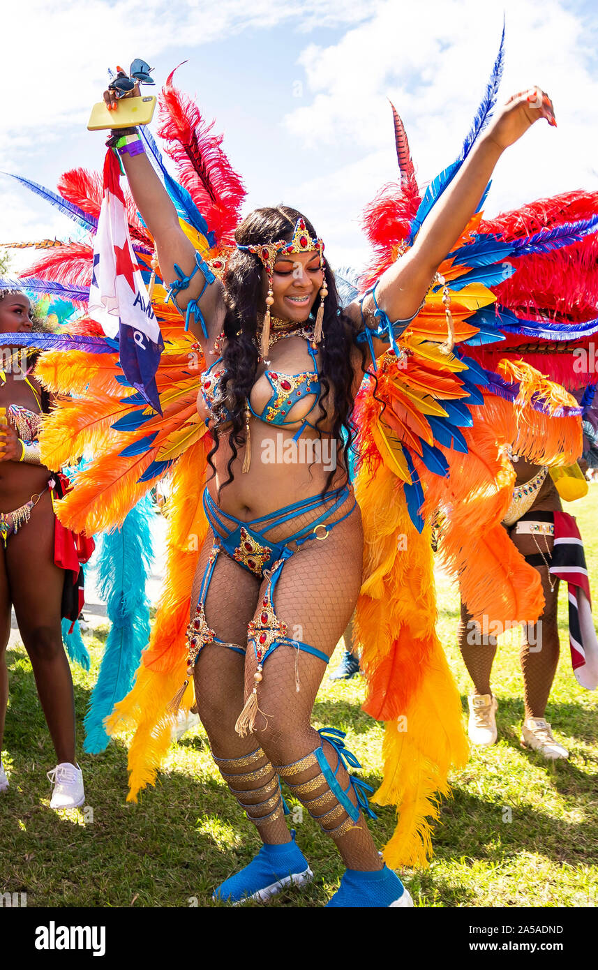 Parade of carnival bands at Miami carnival for 2019; Event was held at Miami Dade County fair and Expo Grounds on the 13th of October 2019 Stock Photo