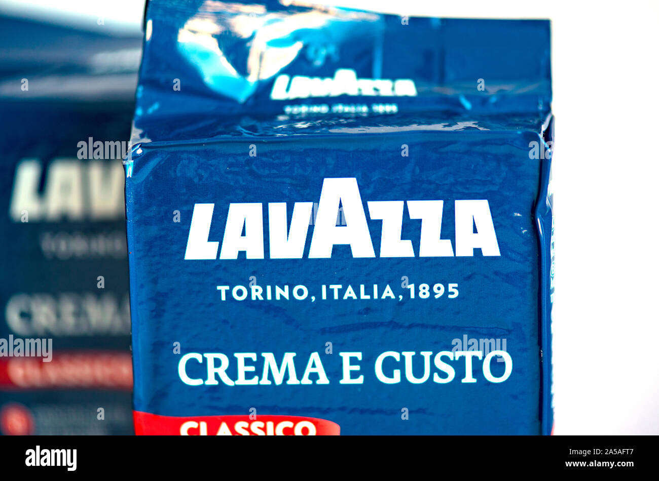 BOLOGNA JUL 21. Packs with Lavazza coffee in Bologna on July 21. 2017