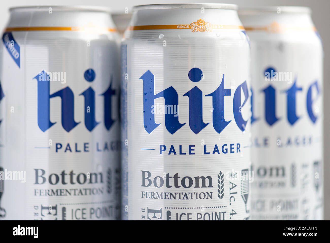 SEOUL - OCT 06: Hite Lager in Seoul on October 06. 2017 in South Korea, Hite Brewery Company Limited is a South Korean brewery company Stock Photo