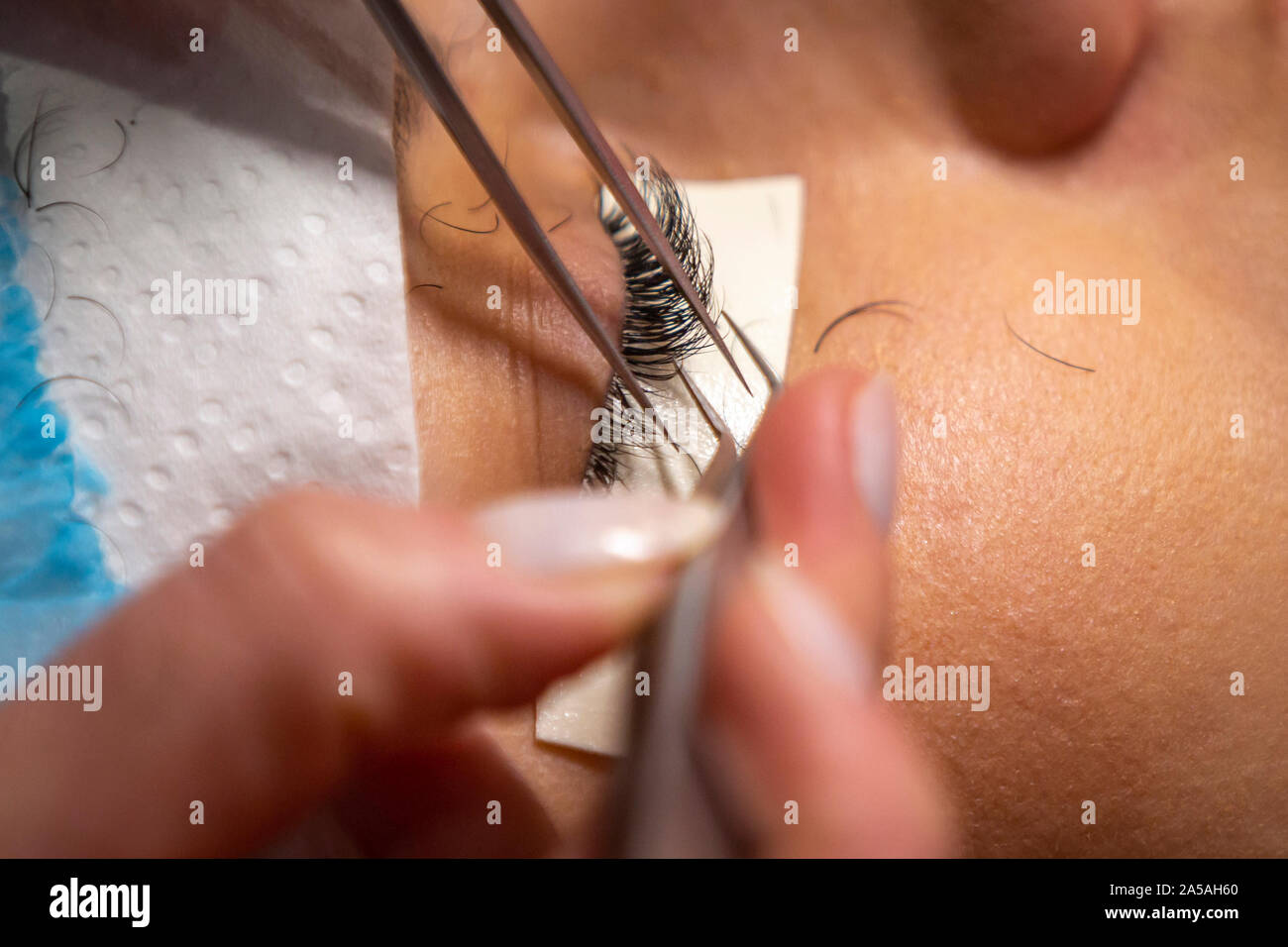 Eye lashes extension process performed by specialist. Stock Photo