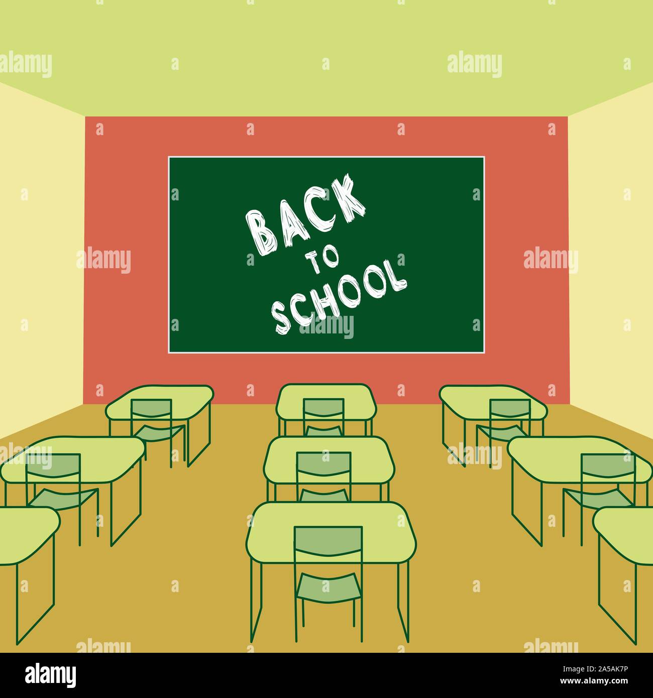 Back To School Text Drawing Chalk In Blackboard Classroom Interior