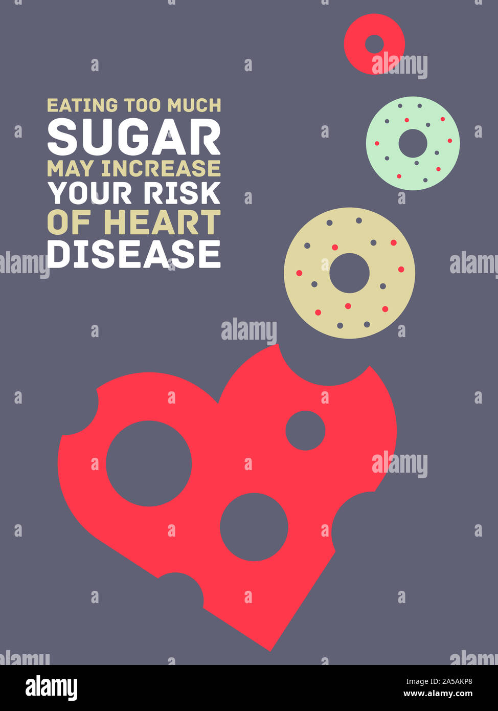 Conceptual illustration about sugar harmfulness. The title is - Eating too much sugar may increase your risk of heart disease. Stock Photo