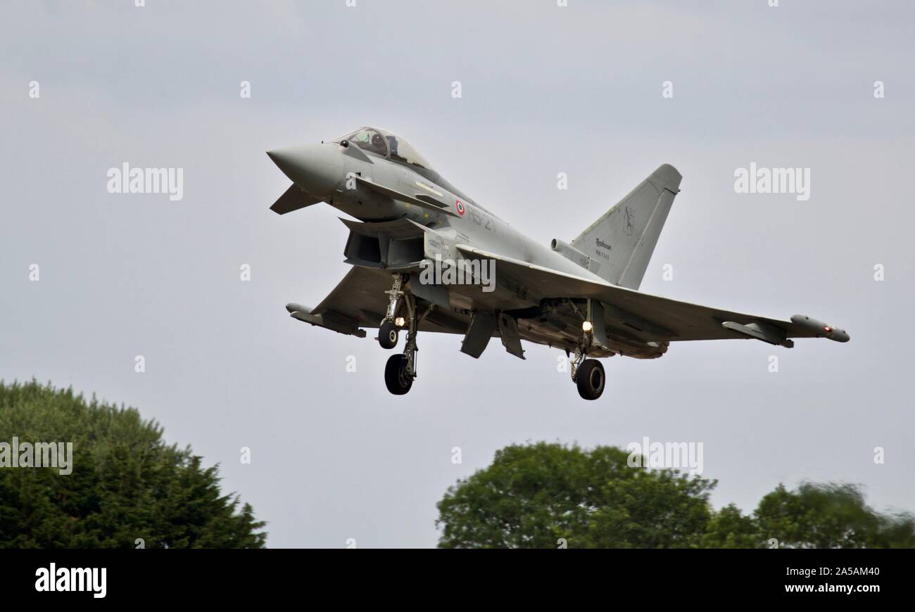 Italian Air Force F-2000A Typhoon fighter jet arriving at RAF Fairford for the Royal International Air Tattoo 2019 Stock Photo
