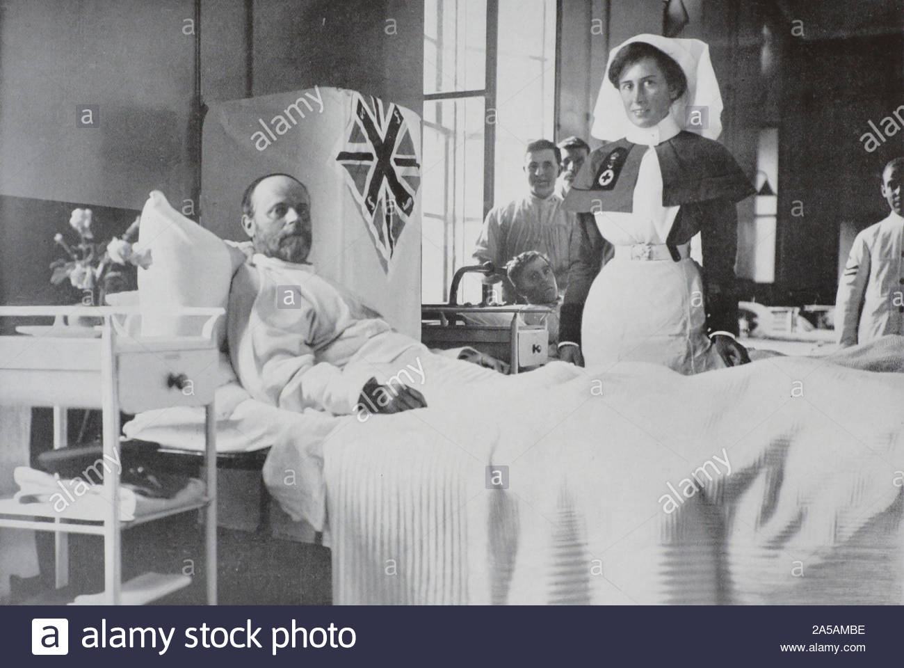 R. McWhirter ships carpenter on HMS Aboukir a Cressy-class armoured cruiser which was sunk by a German U Boat U-9 in the North Sea at Ostend on September 22nd 1914. Seen here in hospital after rescue. Stock Photo