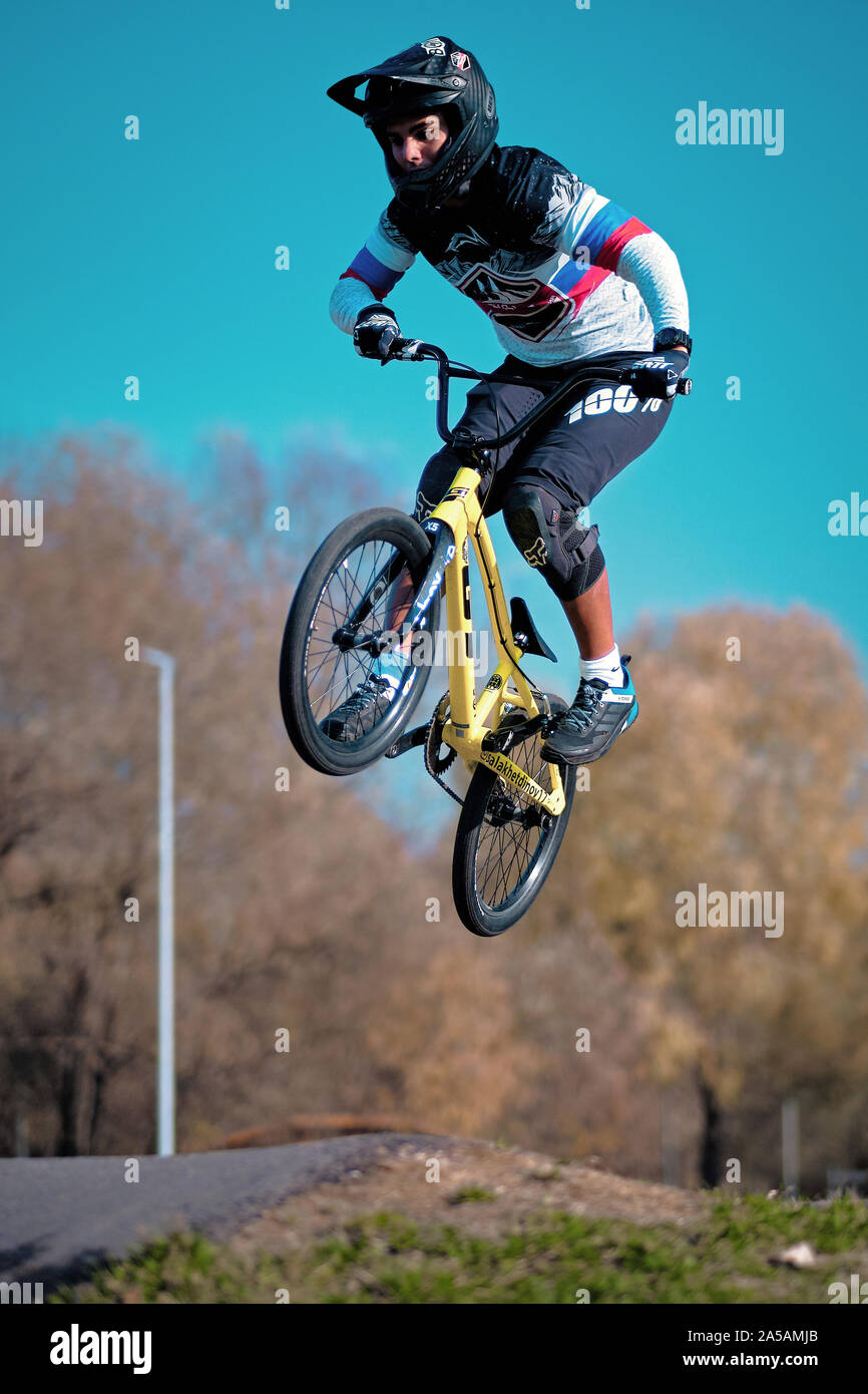 Moscow, Russia - Oct 19, 2019: Young boy jumping with his BMX Bike at pump  track. BMX race. Cyclist riding on pump track. Rider in action at bike spor  Stock Photo - Alamy