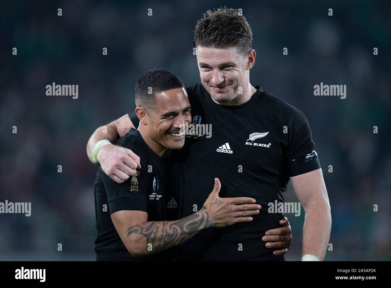Tokyo, Japan. 19th Oct, 2019. Aaron Smith (left) player of New Zealand celebrates with his teammate Beauden Barrett (rigth) during a Rugby World Cup match between New Zealand and Ireland in Tokyo, Japan, on October 19, 2019. Tokyo Stadium Ajinomoto. Credit: ESPA/Alamy Live News Stock Photo