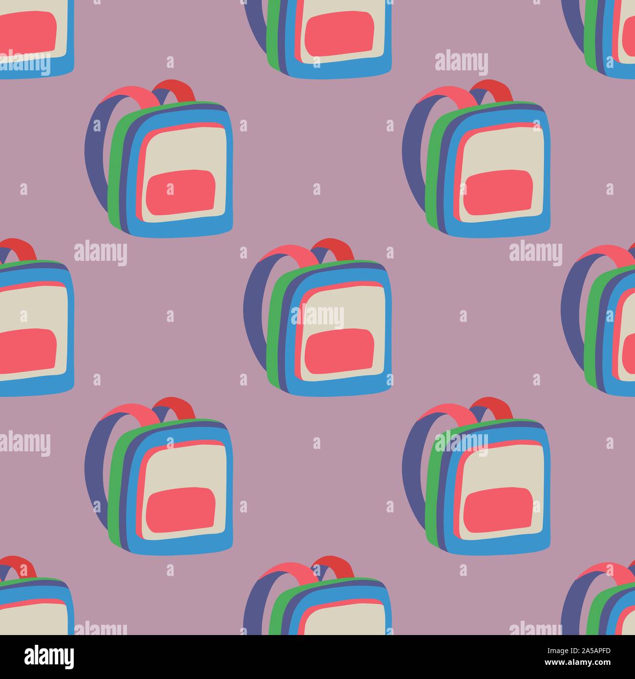 Cartoon illustration with seamless pattern with multicolor backpack on violet background for print design. Modern colorful flat decoration vector elements. Stock Vector