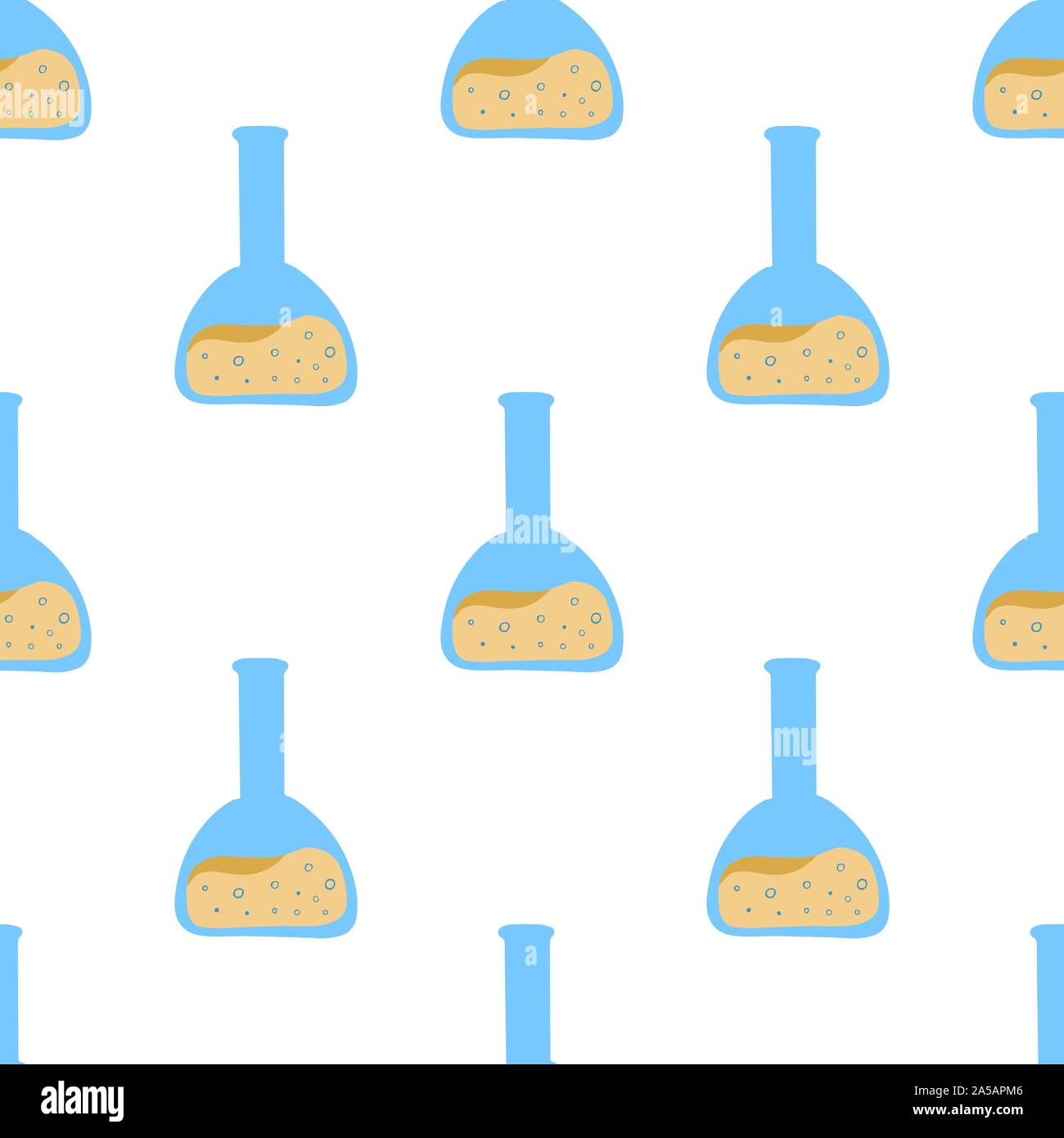 Seamless pattern with chemistry glass flask for wrapping paper design. Laboratory glassware. Biology, science, education, medical. Decorative backdrop vector. Stock Vector