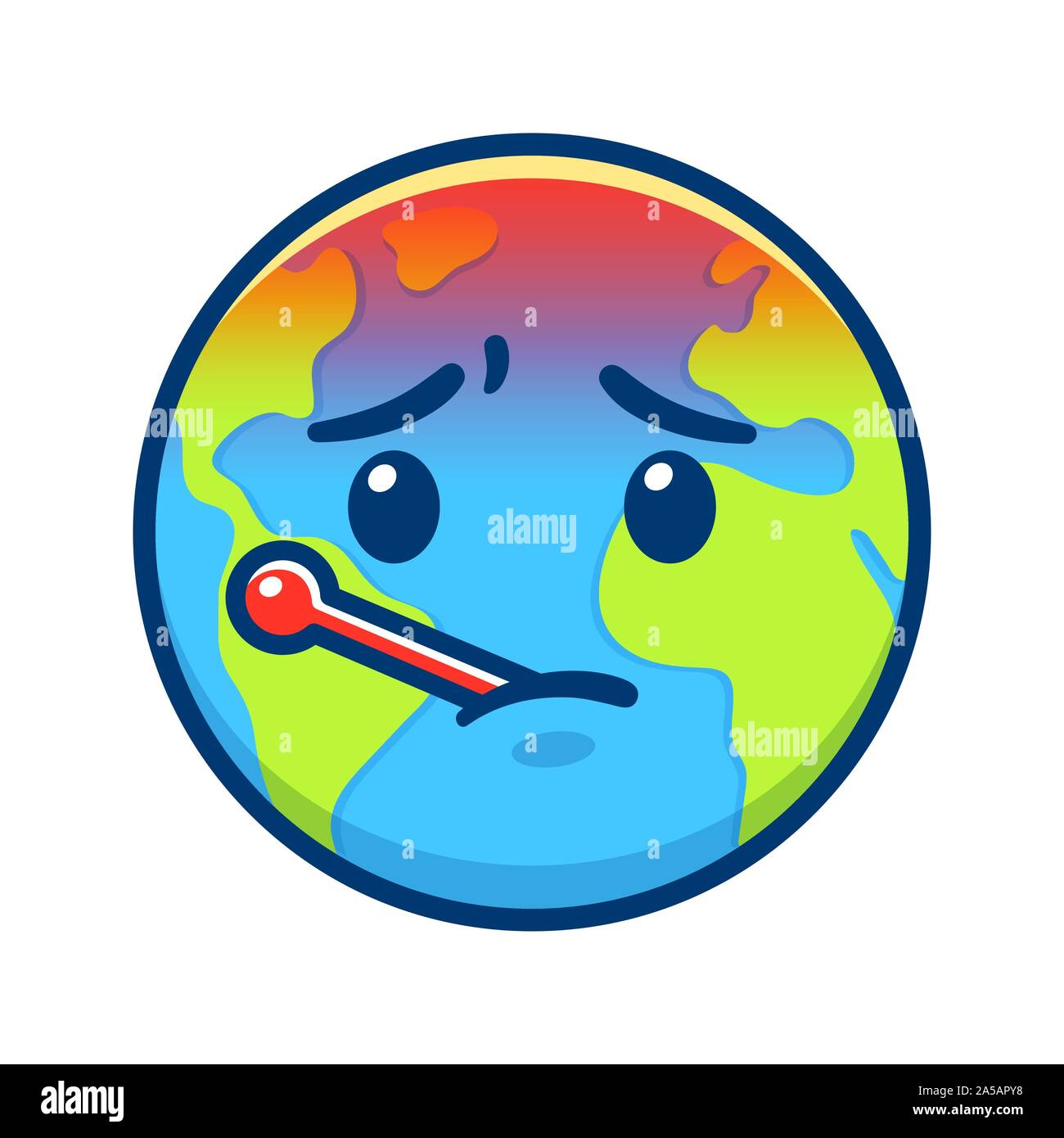 Cartoon Earth with thermometer having fever. Global warming and climate change drawing. Environment and ecology vector clip art illustration. Stock Vector