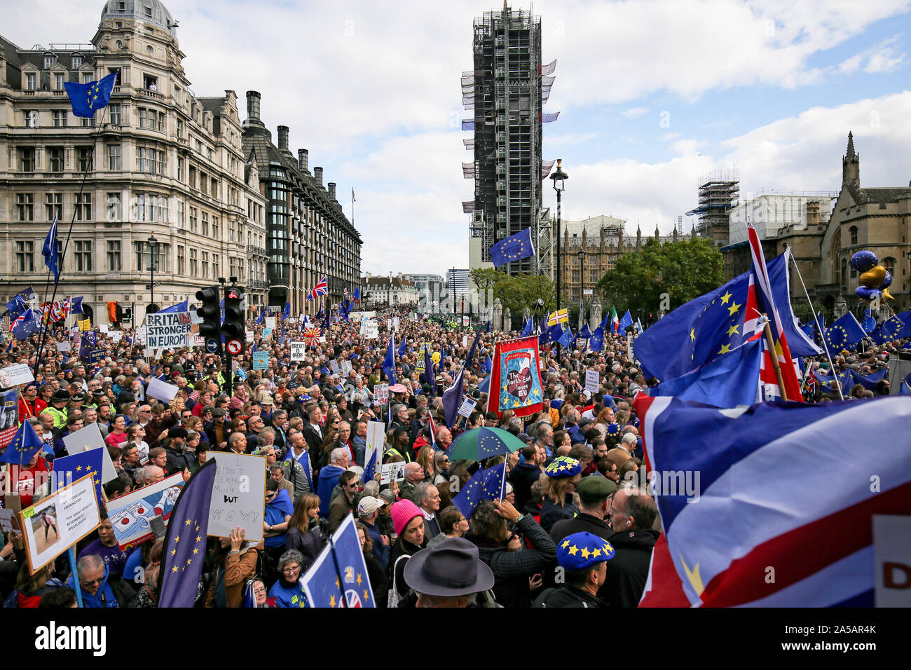 Anti-Brexit protesters fill Parliament Square in London, after Prime Minister Boris Johnson delivered a statement in the House of Commons, on his new Brexit deal on what has been dubbed 'Super Saturday'. Stock Photo