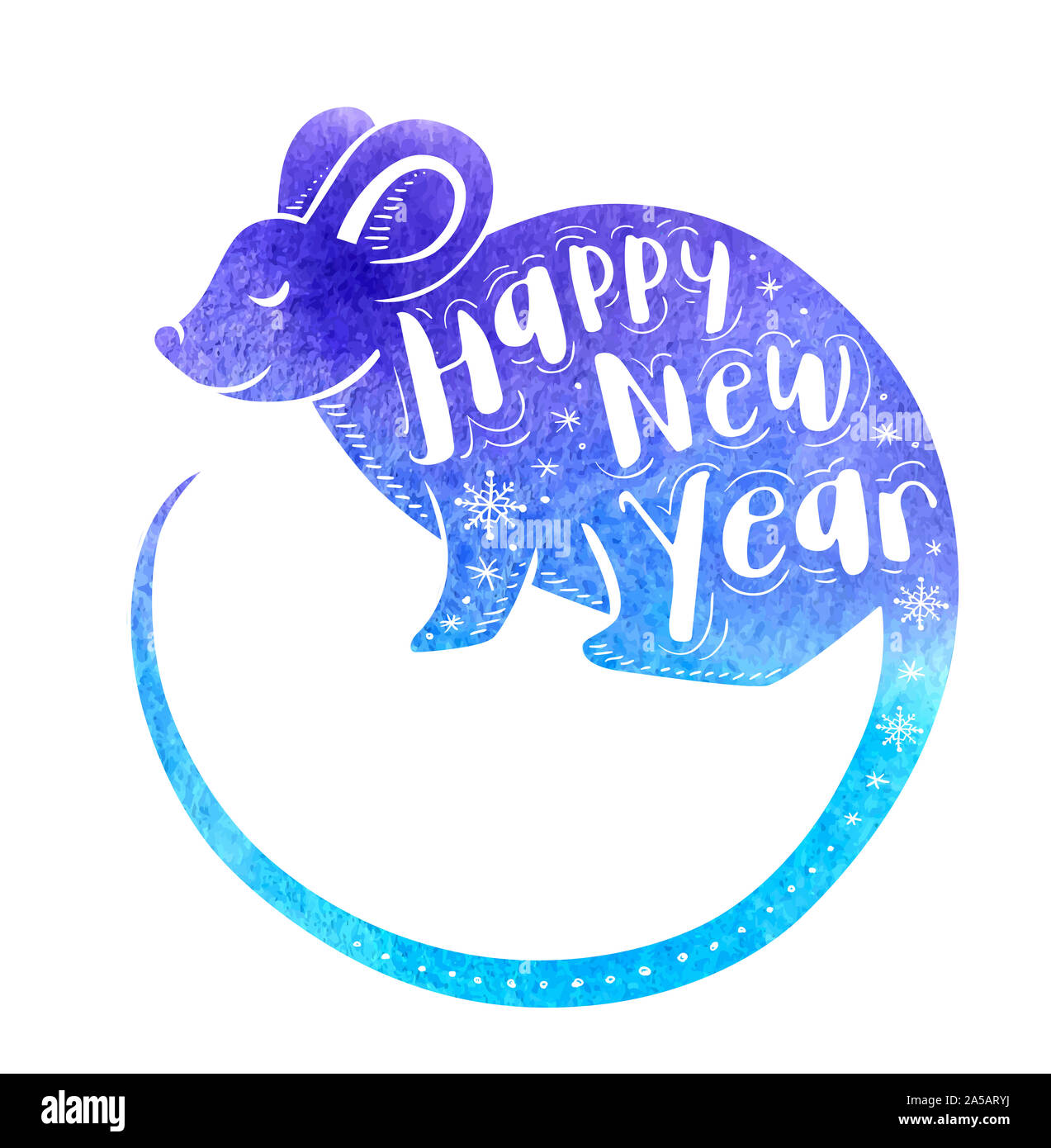 Cute rat symbol of Chinese zodiac for 2020 new year. Blue watercolor silhouette of rat and lettering. Hand drawn illustration Stock Photo