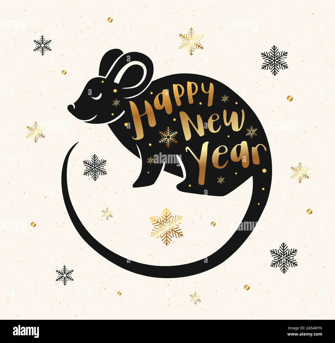 Cute rat symbol of Chinese zodiac for 2020 new year. Black silhouette of rat, golden snowflakes and lettering. Stock Photo