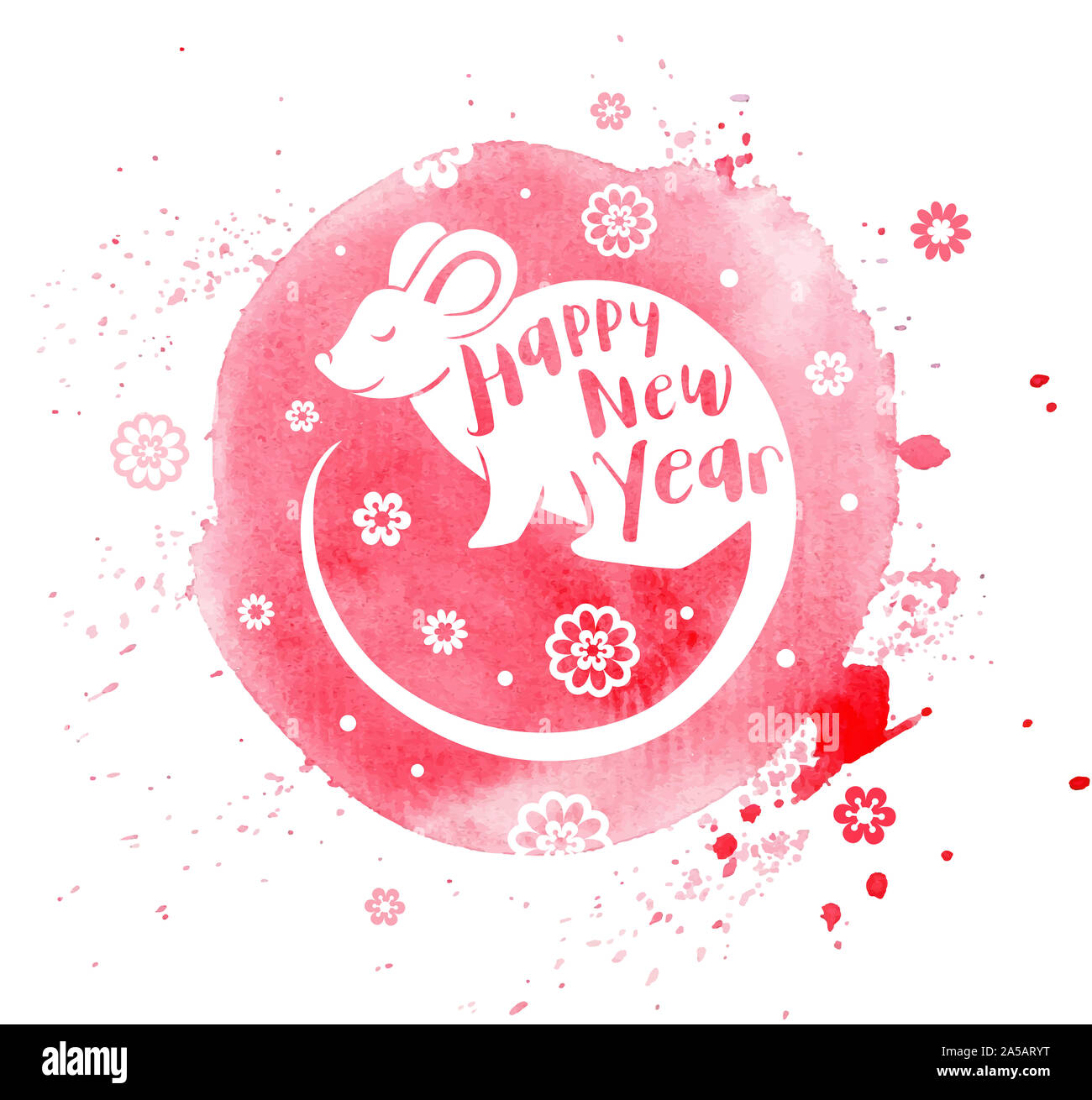 Cute rat symbol of Chinese zodiac for 2020 new year. Silhouette of rat and lettering on a pink watercolor background. Stock Photo