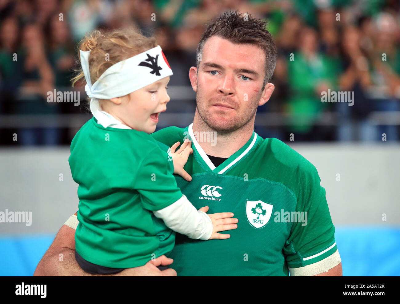 Ireland's Peter O'Mahony with his daughter Indie after the 2019 Rugby World Cup Quarter Final match at Tokyo Stadium. Stock Photo