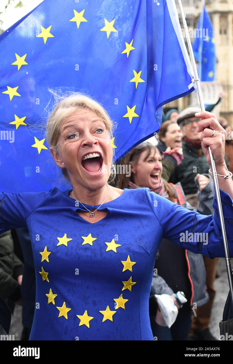 Anti-Brexit protesters cheer in Parliament Square in London, after it was announced that the Letwin amendment, which seeks to avoid a no-deal Brexit on October 31, has been accepted. Stock Photo