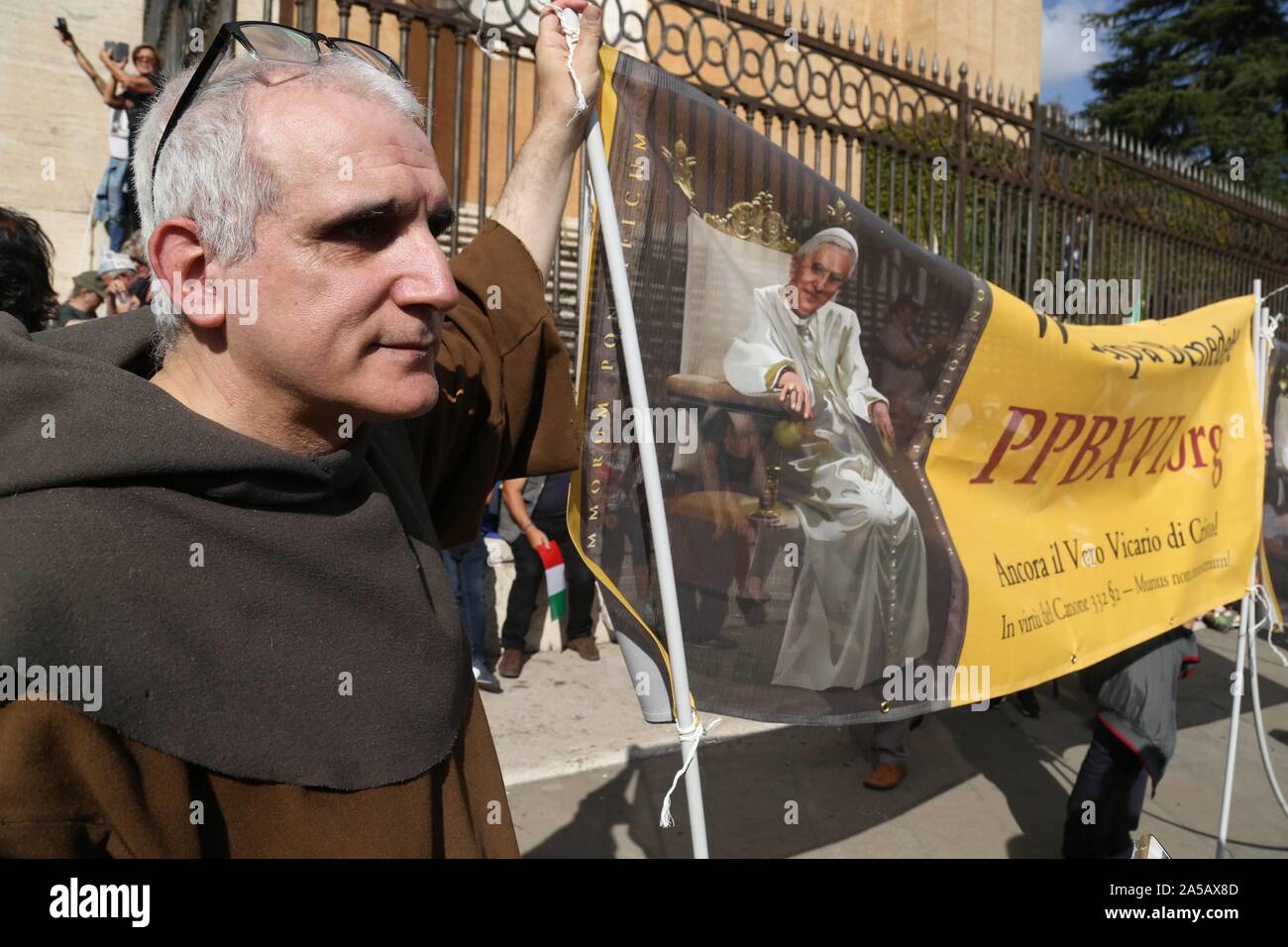 Rome. Italian Pride Demonstration, organized by the League together with  Fratelli d'Italia and Forza Italia against government policies. In the  photo Alexis Bugnolo part of the movement to resettle Pope Joseph Ratzinger  (