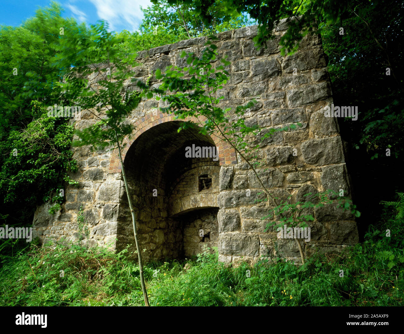 Henblas Hall Limekiln, Graig Nature Reserve, Tremeirchion, Denbighshire, North Wales. Front face with arched working recess. Stock Photo