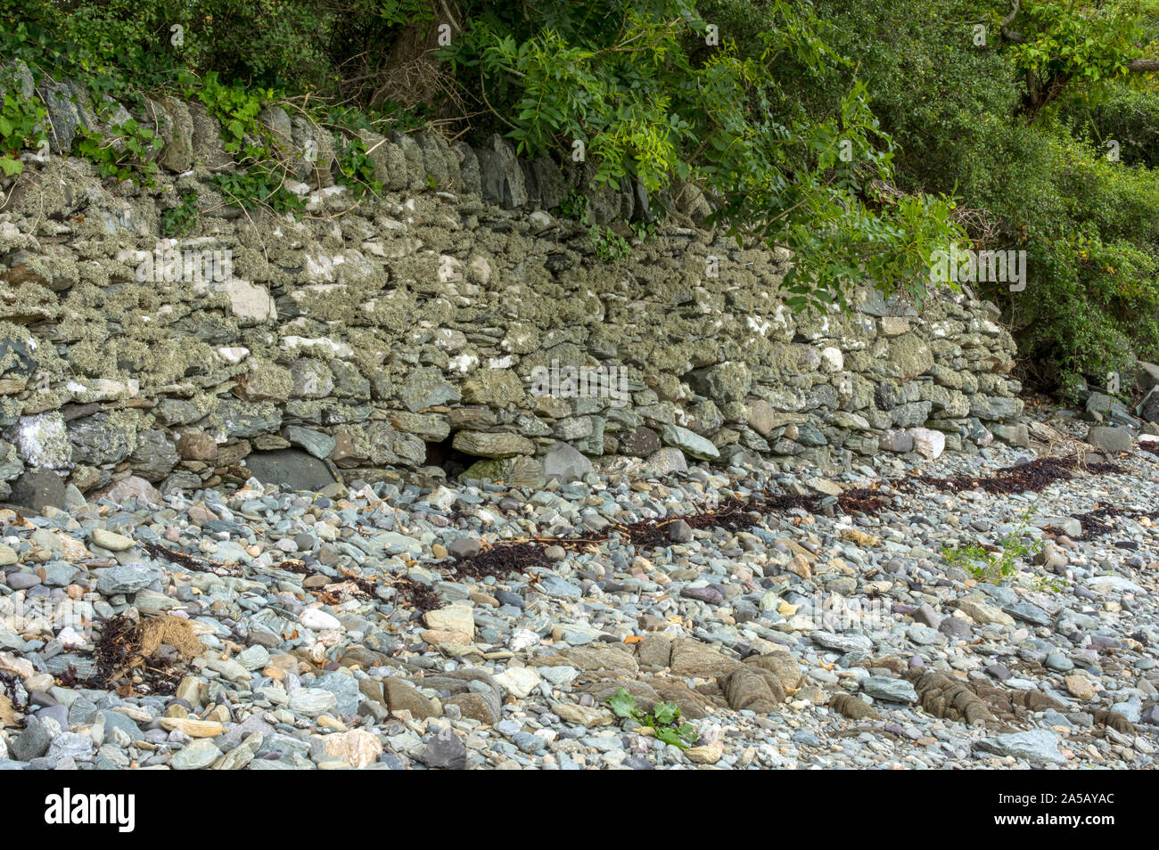 A wall built to prevent coastal erosion, now beginning to be destroyed by wave action. Stock Photo