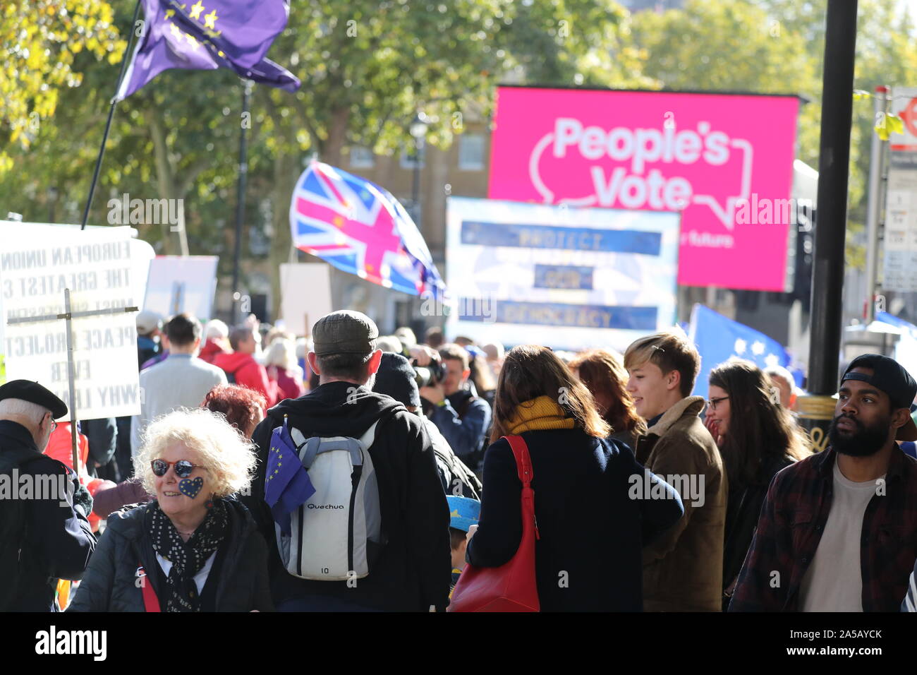 London, UK, 19th Oct 2019, Thousands of people were marching through London for a major demonstration calling for a Final Say referendum on Brexit. Organised by the People’s Vote campaign and supported by The Independent, the march took place just two weeks before the UK is scheduled to leave the EU. Campaigners are calling on the government to call a Final Say vote on any Brexit agreement or no-deal outcome. Credit: Uwe Deffner / Alamy Live News Stock Photo