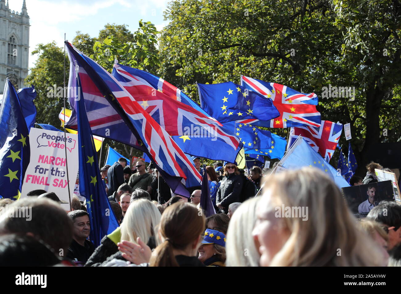 London, UK, 19th Oct 2019, Thousands of people were marching through London for a major demonstration calling for a Final Say referendum on Brexit. Organised by the People’s Vote campaign and supported by The Independent, the march took place just two weeks before the UK is scheduled to leave the EU. Campaigners are calling on the government to call a Final Say vote on any Brexit agreement or no-deal outcome. Credit: Uwe Deffner / Alamy Live News Stock Photo