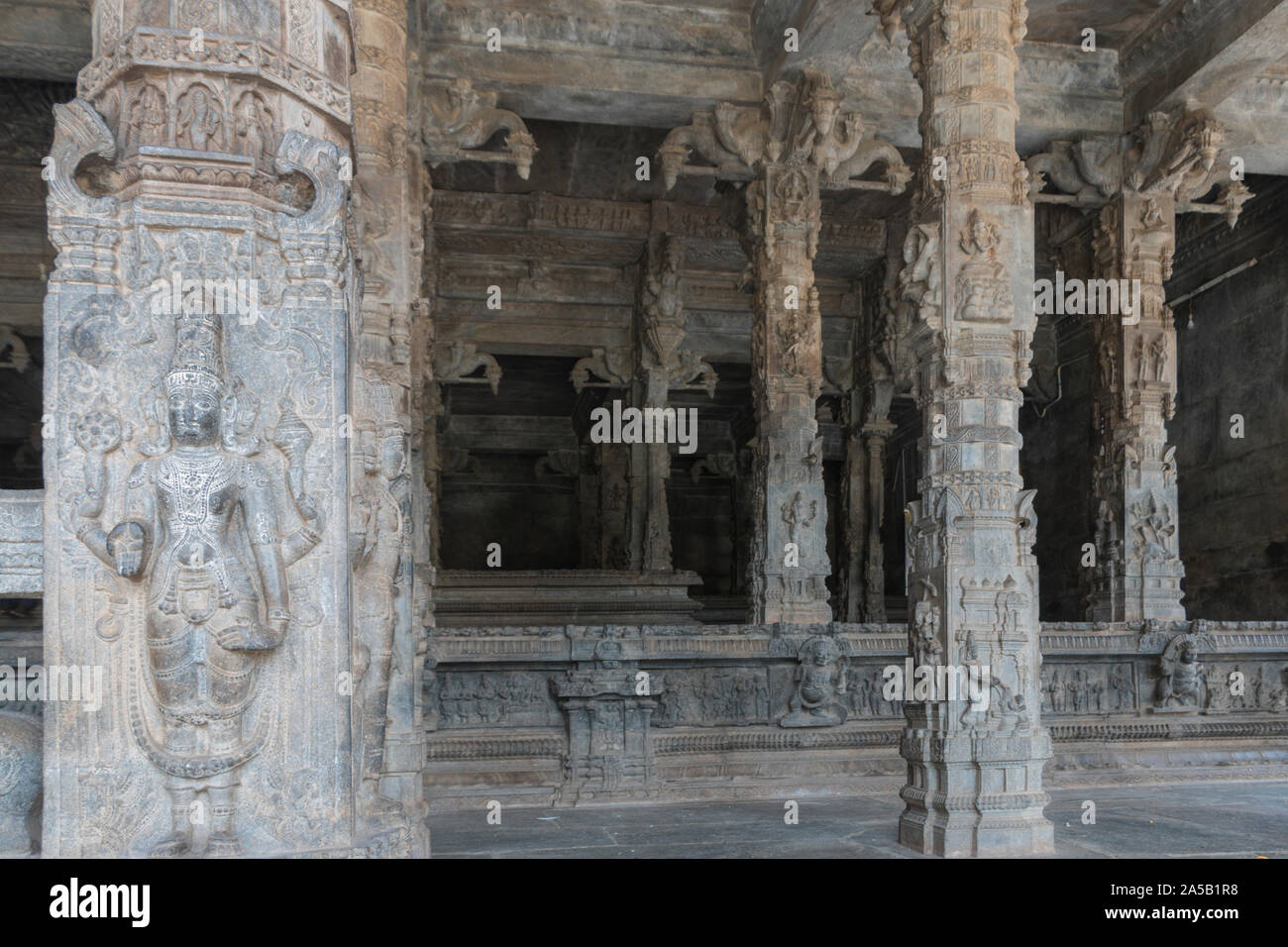 sculpted posts inside the fort Vellore temple with hindu divinities. looking at the darker inside. Vellore, India, September 2019 Stock Photo