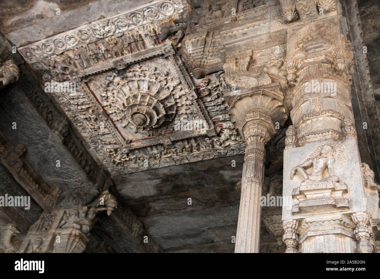 Ceiling of Fort Vellore Hindu Temple showing fine sculpture and Hindu Gods, with a column on the right. India Vellore September 2019 Stock Photo