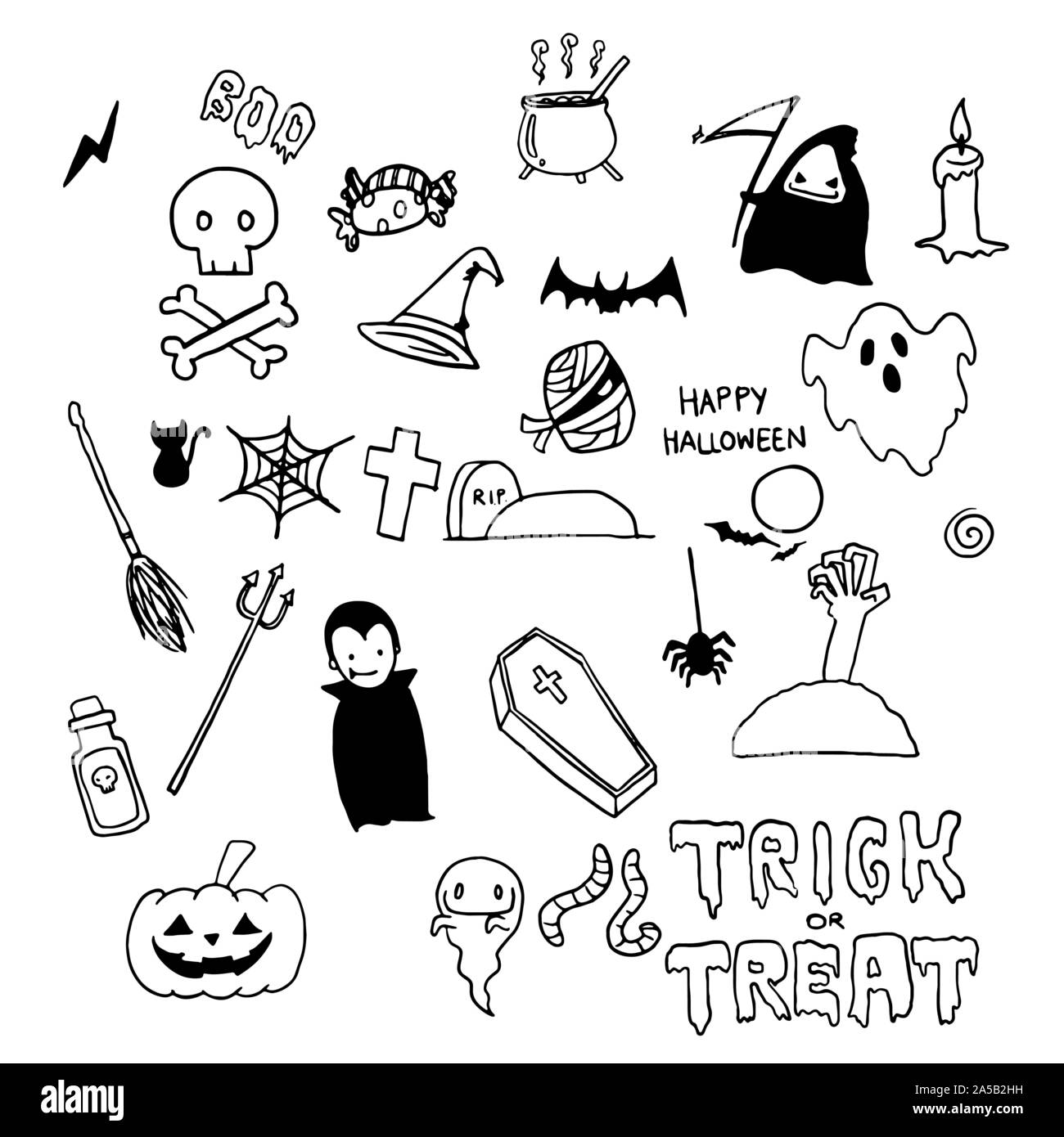 Cute cartoon skull and pumpkin Halloween doodle element. 24864836 PNG