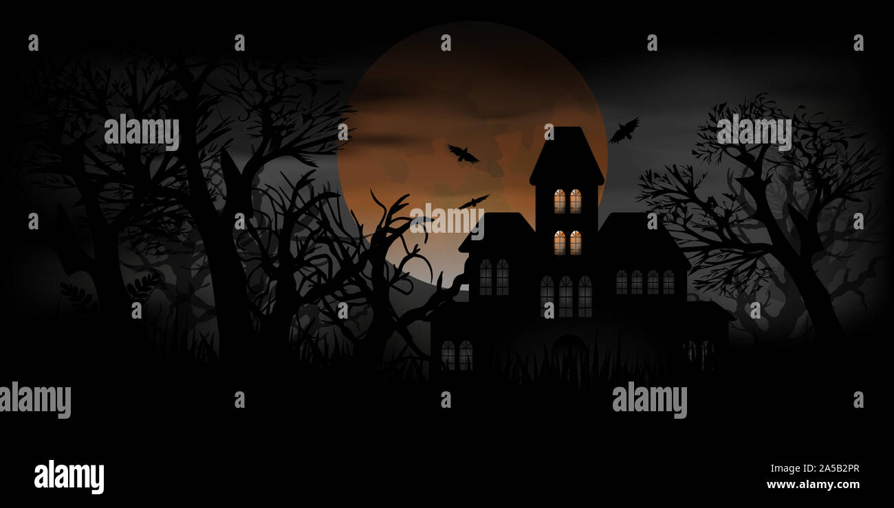 Haunted house with full moon eclipse and bats at Halloween night Stock Photo