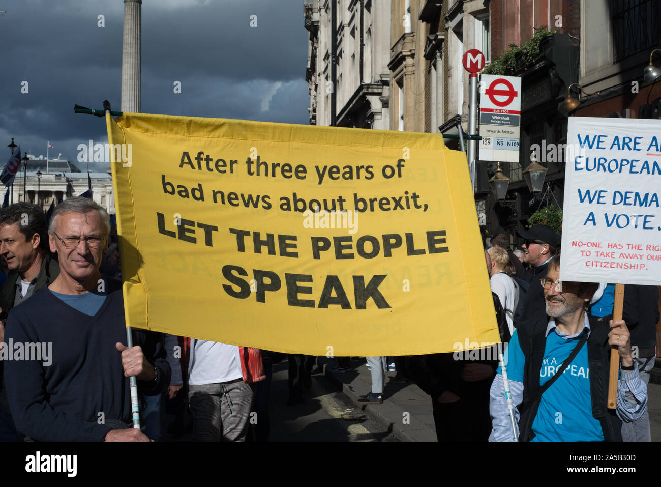 London, England, UK. 19th October 2019. Protestors are marching through central London today to demand that the public are given a final say on Brexit. The march was organised by the 'People's Vote campaign', who are campaining for a final referendum on any Brexit deal to be put to a public vote. The crowd will hear speeches from politicians and celebrities outside the Houses of Parliament. Andrew Steven Graham/Alamy Live News Stock Photo
