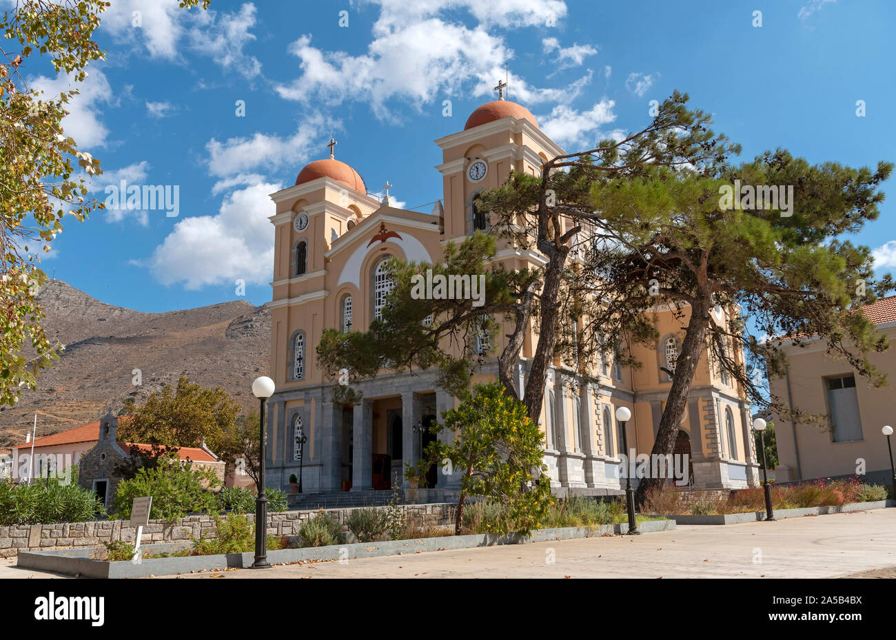 Neopolis, northern Crete, Greece.   On the Old National Road as driving into Neopolis a Cretan historic town is the Church of the Virgin Mary Stock Photo