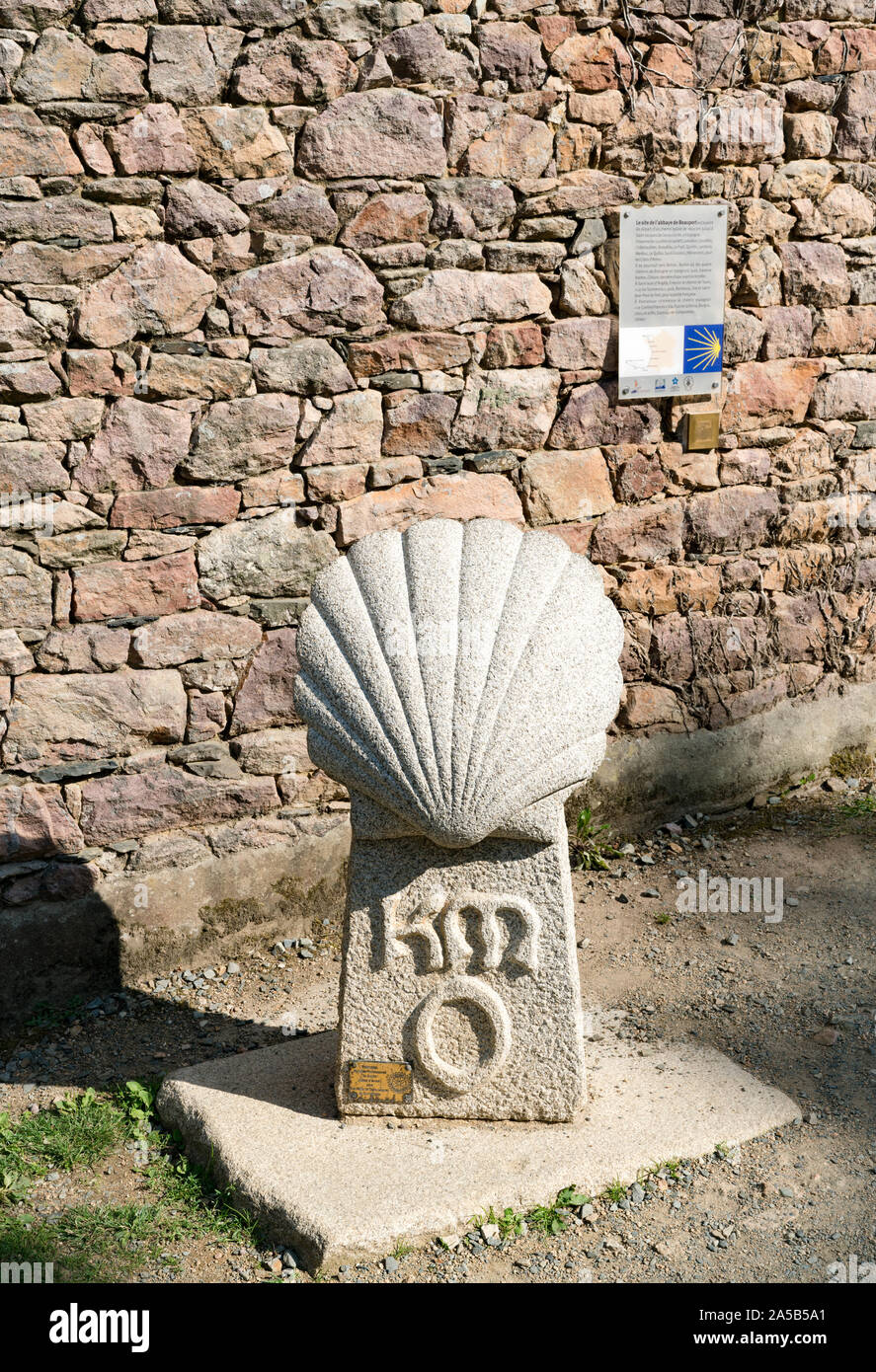 Paimpol, Cotes-d'Armor / France - 20 August 2019: the start of the Camino Breton pilgrimage at Beauport Abbey in Brittany with shell symbol Stock Photo
