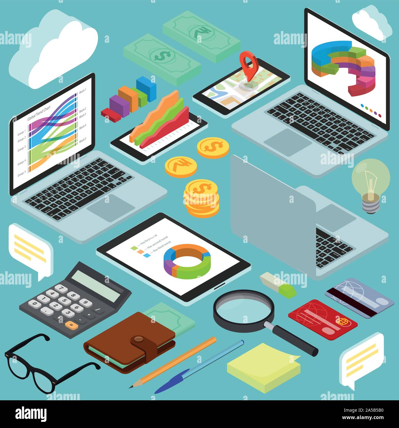 Isometric busines office workspace elements Stock Vector
