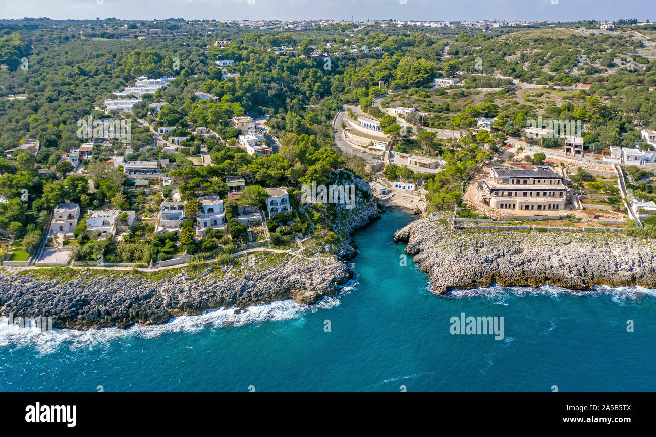 Aerial view of the idyllic beach and bay Cala dell'Acquaviva at Castro, Lecce, Apulia, Italy Stock Photo