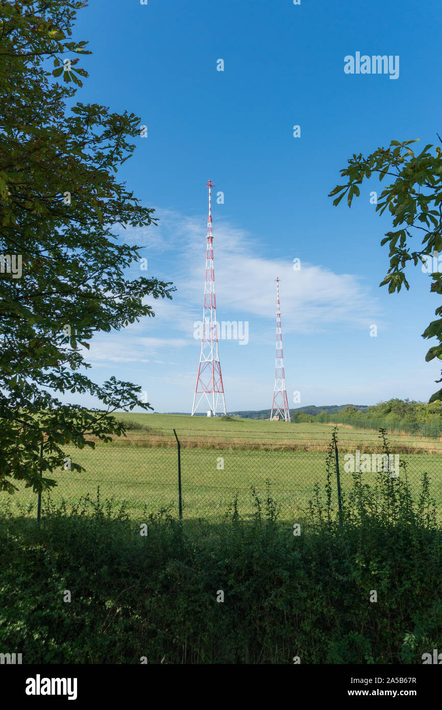 Junglinster, Grevenmacher / Luxembourg: - 11 August, 2019: view of the radio and tv aerials at the CLT Emissions Center in Junglinster Stock Photo